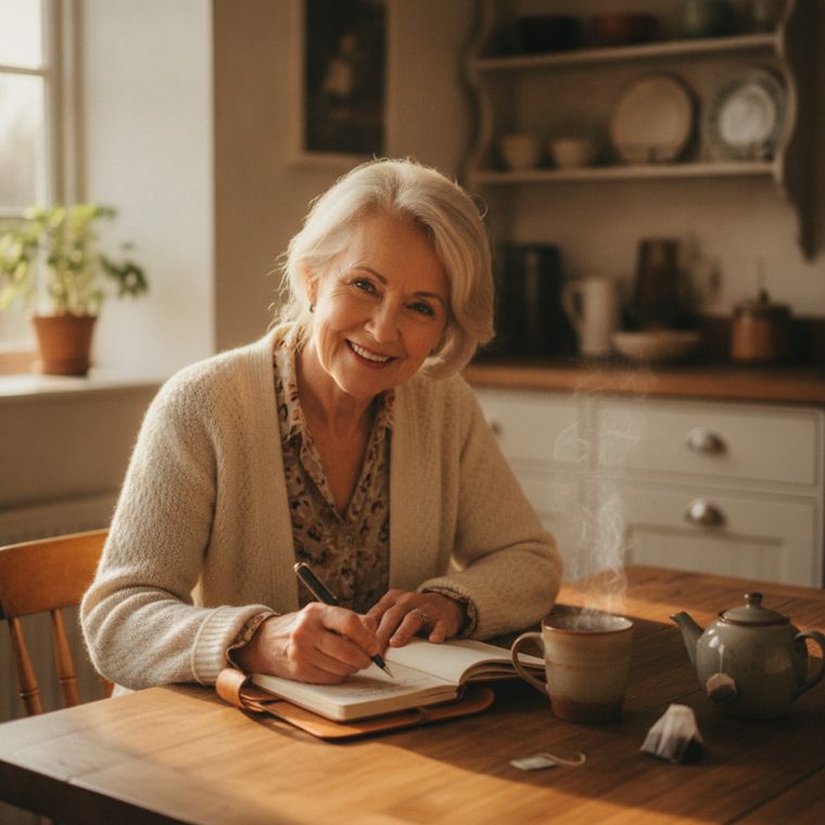 A woman writing at a kitchen table